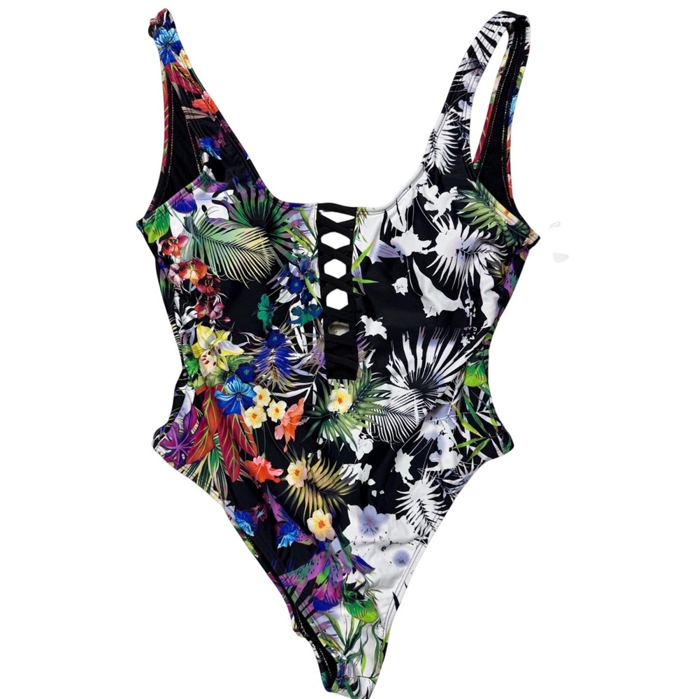 Charlotte Russe Floral Lace Up One Piece Swimsuit Size S Black Multi‎ 4651SW